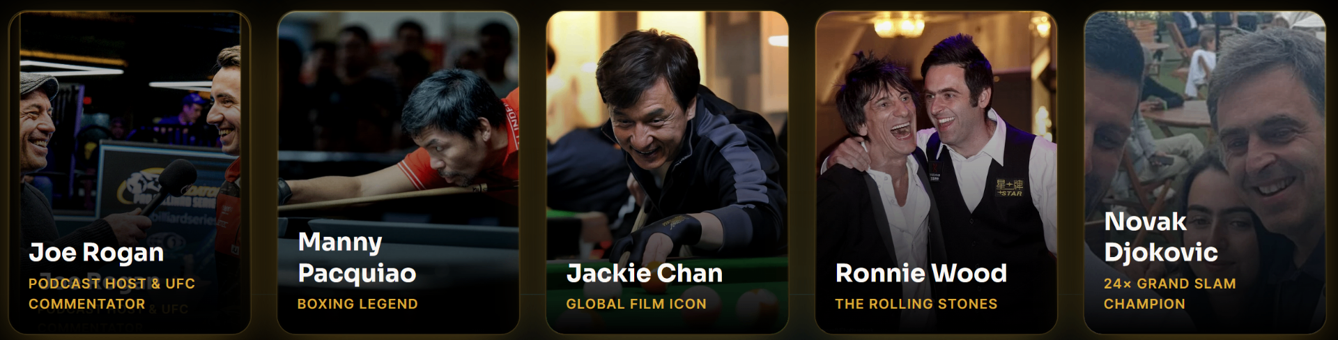 Global icons who love cue sports — Joe Rogan, Manny Pacquiao, Jackie Chan, Ronnie Wood and Novak Djokovic